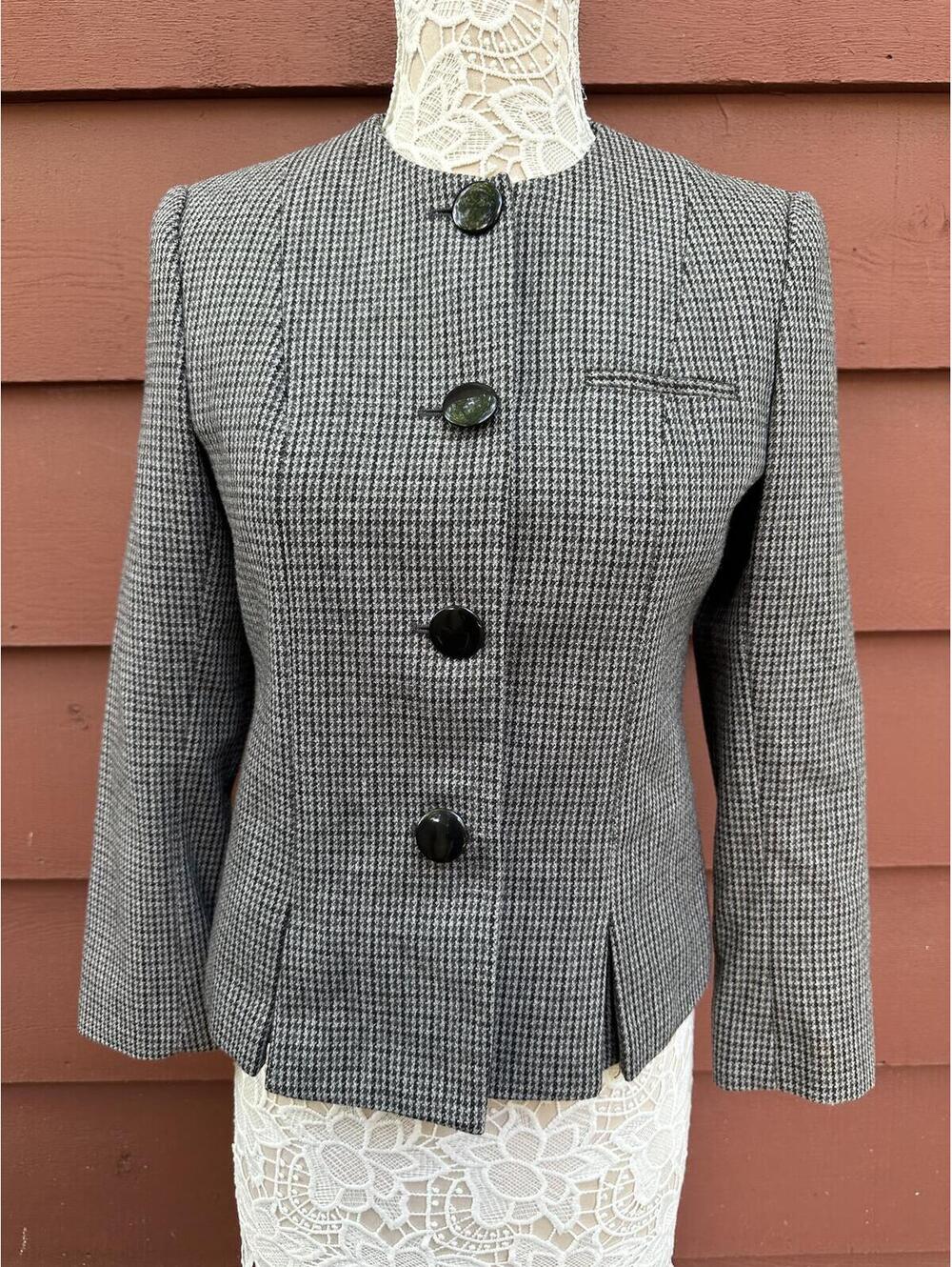 Gilet Vintage Houndstooth Tailored Blazer Jacket Gray Black Cropped Preppy Work